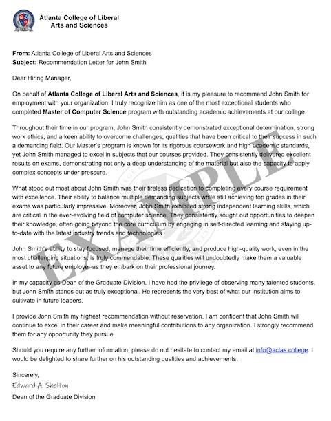 Letter of Recommendation sample